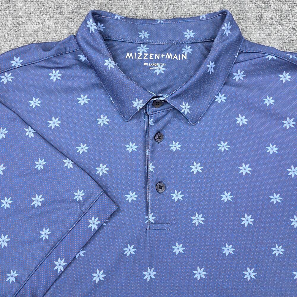 Mizzen Main Shirt Mens XXL Blue Floral AOP Polo Trim Fit Casual Golf Performance